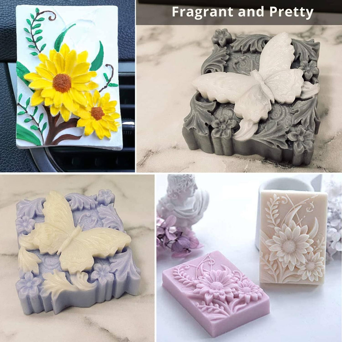 Square soap bars with 3D floral and butterfly embossing, white, gray, lavender, pink