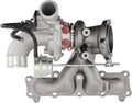 Turbocharger assembly with metal housing, exhaust flange, and attached intake piping