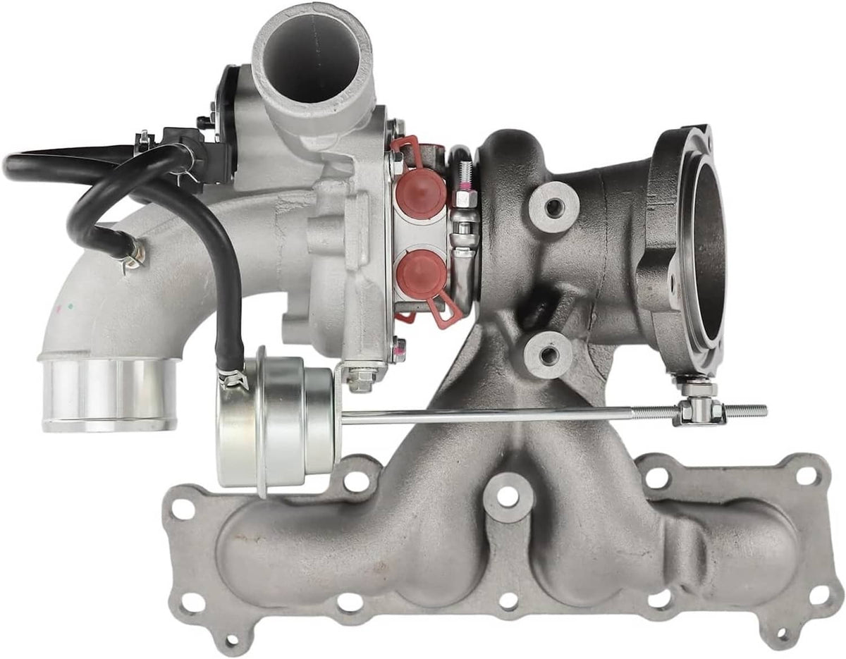 Turbocharger assembly with metal housing, exhaust flange, and attached intake piping