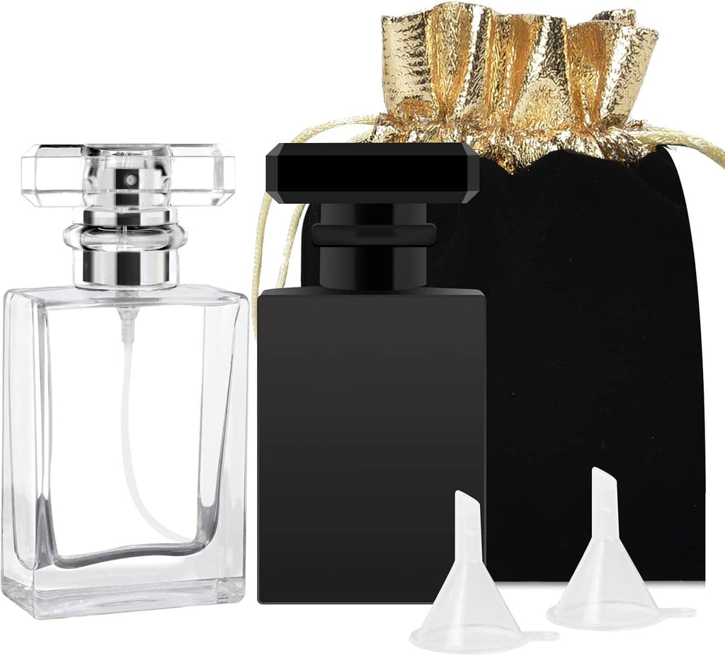 Clear and black refillable perfume spray bottles with included plastic funnel pieces