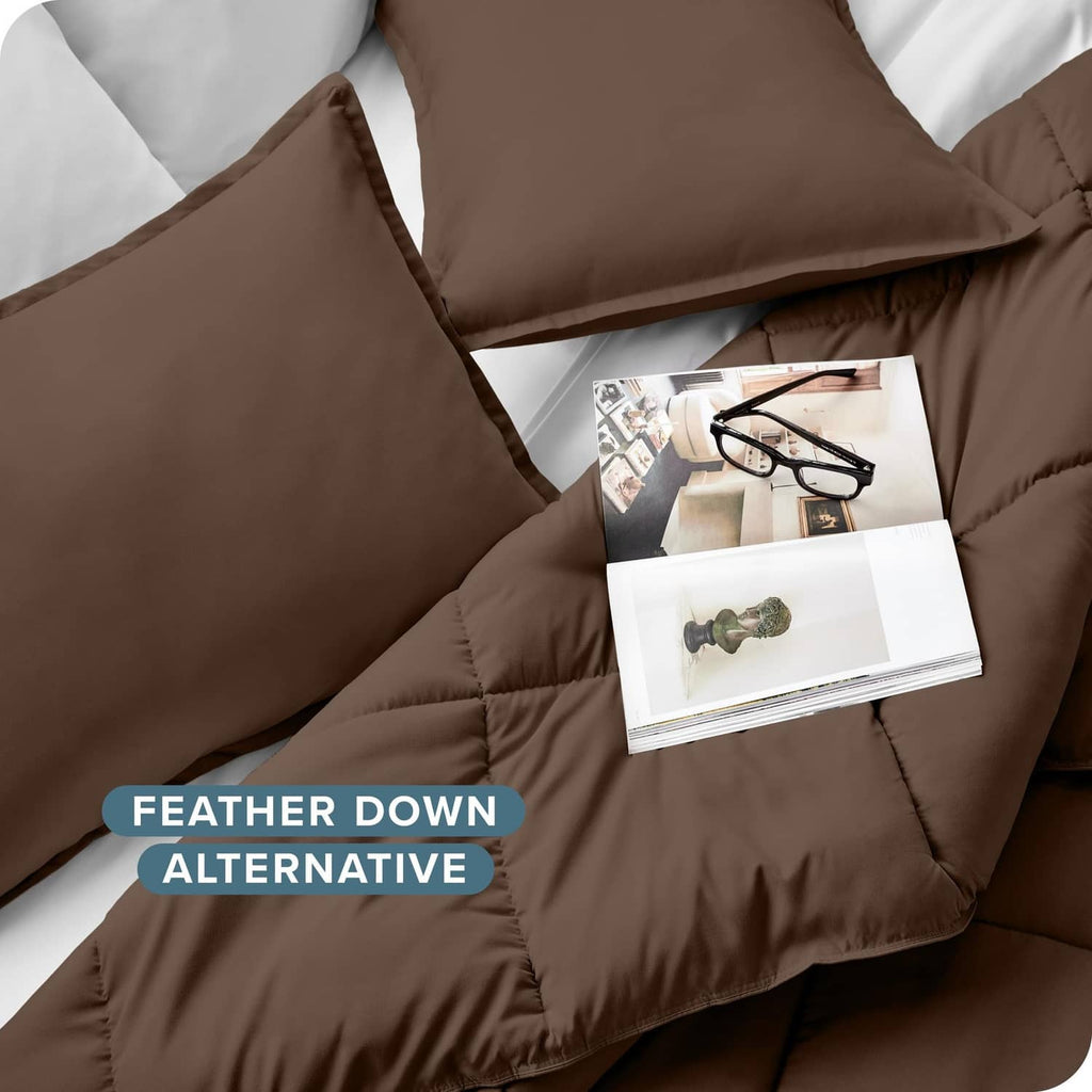 Cocoa brown comforter corner with box-stitch quilting and matching pillow sham