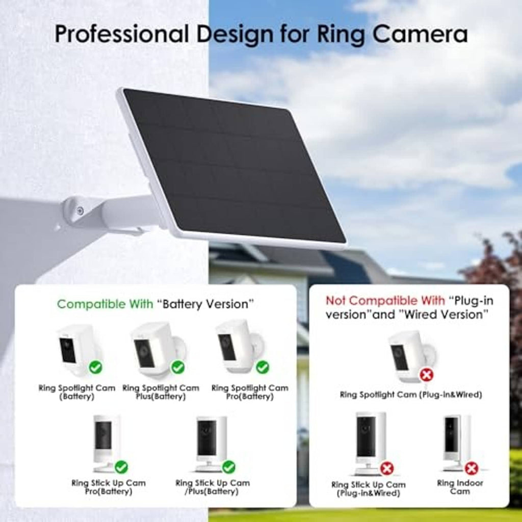 Solar panel with white wall mount bracket and connecting cables for Ring camera