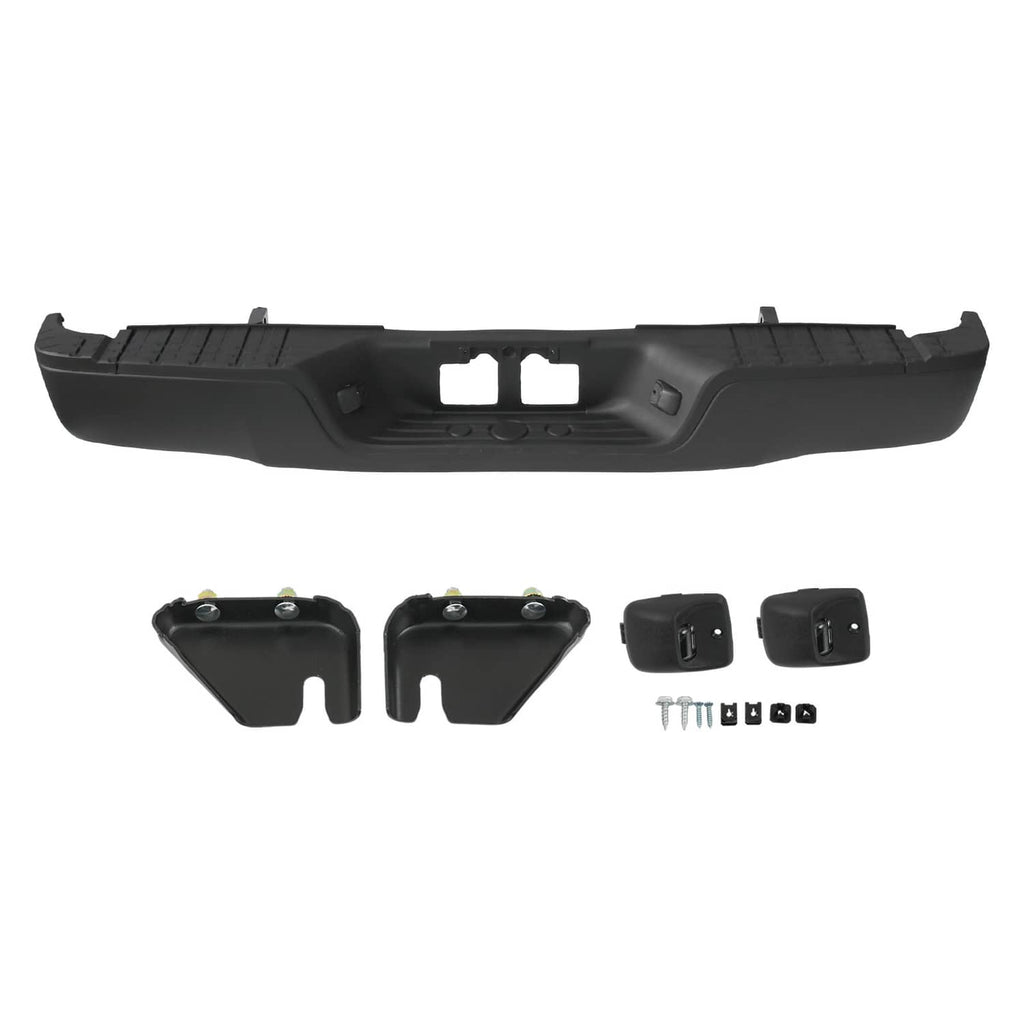 Black rear step bumper assembly kit with brackets, end caps, and installation hardware