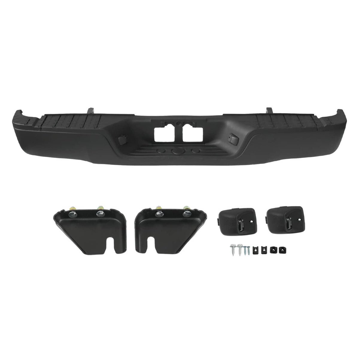 Black rear step bumper assembly kit with brackets, end caps, and installation hardware