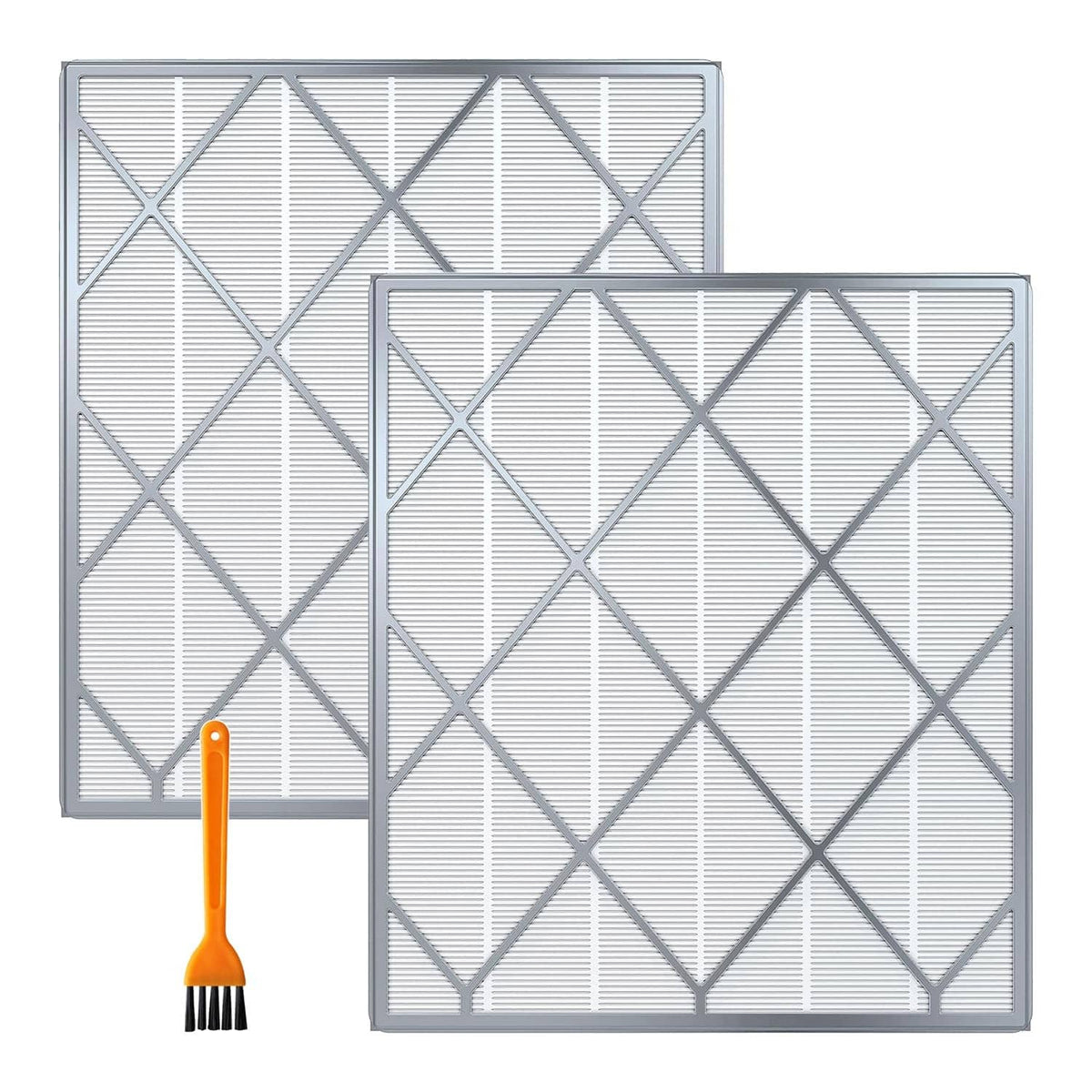 2-pack HEPA replacement filters with included orange cleaning brush