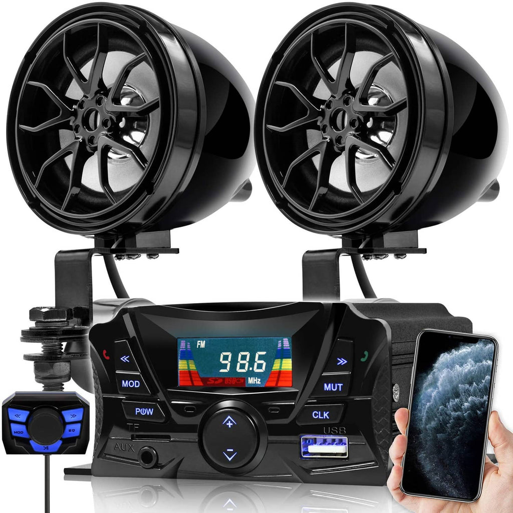 Motorcycle Bluetooth speaker system with dual black speakers, display head unit, and phone control