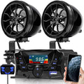 Motorcycle Bluetooth speaker system with dual black speakers, display head unit, and phone control
