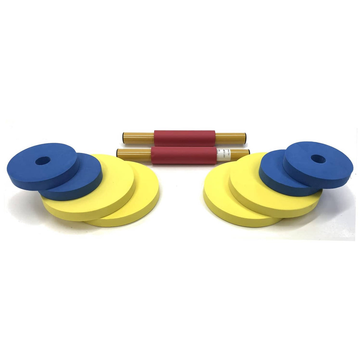 Kids foam dumbbell set with blue and yellow round weights and red center bar