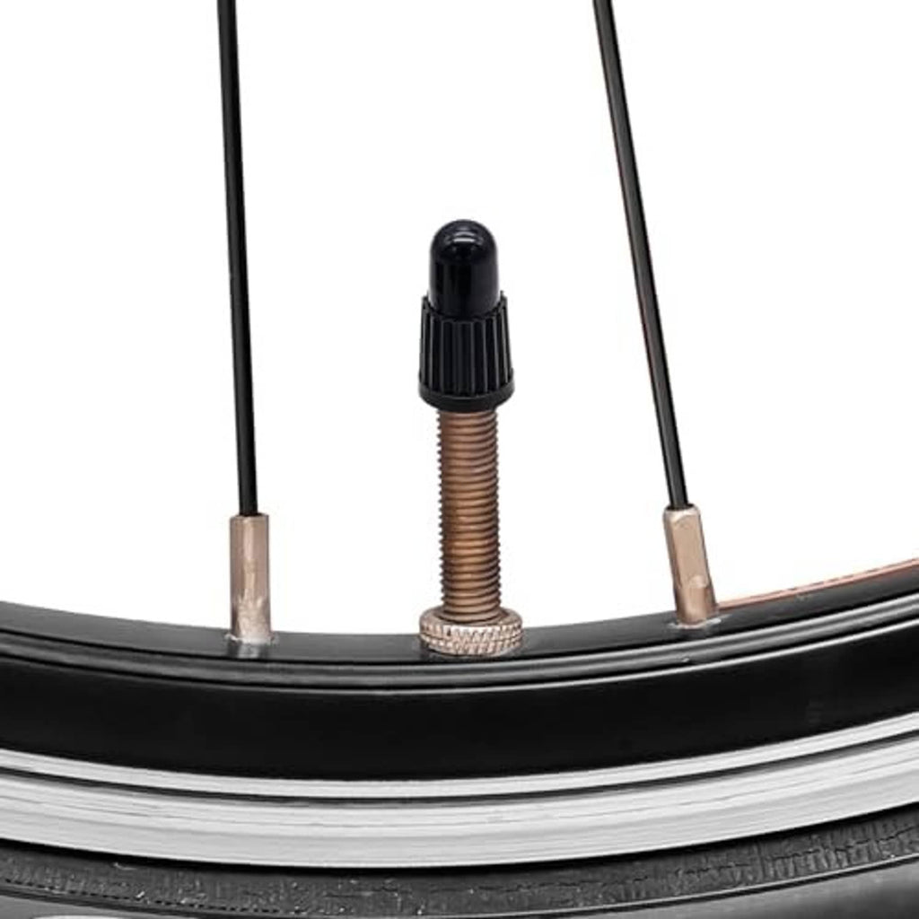 Black Presta valve cap installed on a bicycle tire valve stem