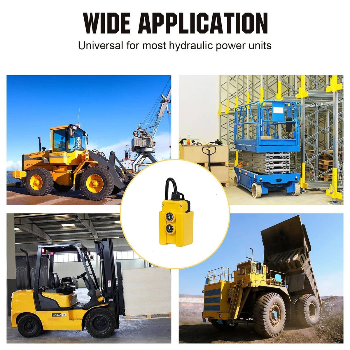 Yellow remote controller with black cable, shown for wide hydraulic power unit use