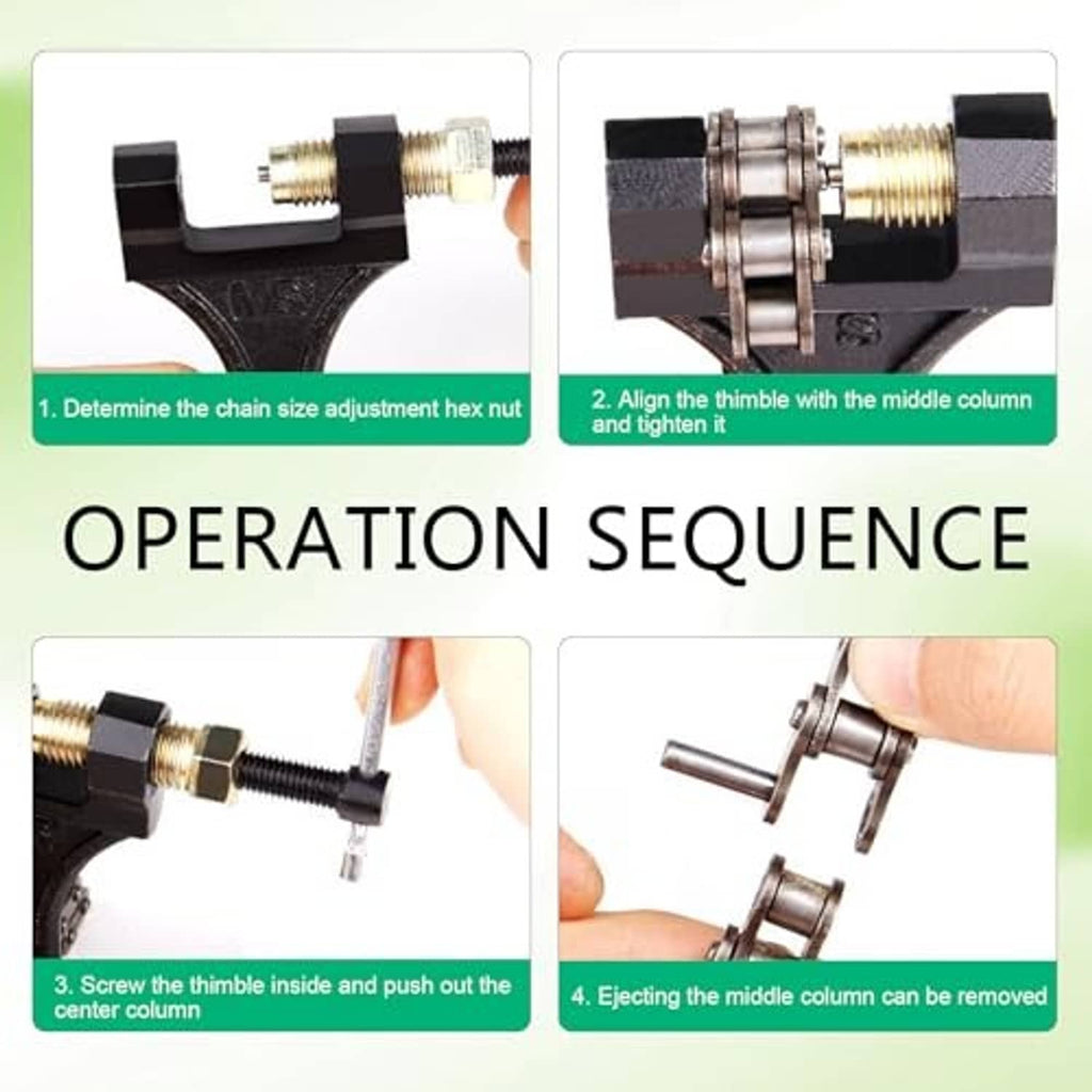 Chain breaker operation sequence showing alignment, tightening, and ejecting the center pin