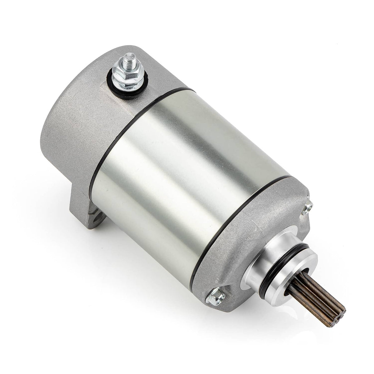 Silver starter motor with mounting bracket and pinion gear