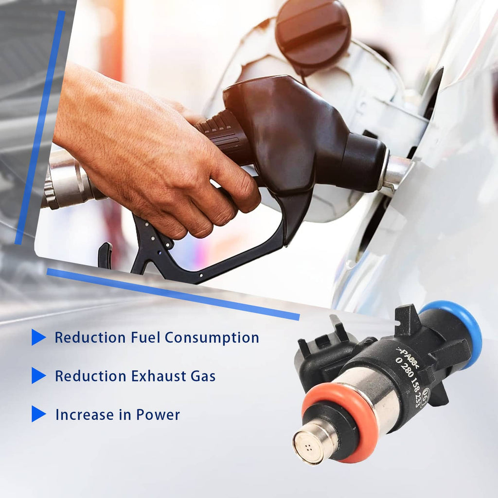 Fuel injector with orange and blue seals, held by hand near a fuel tank nozzle