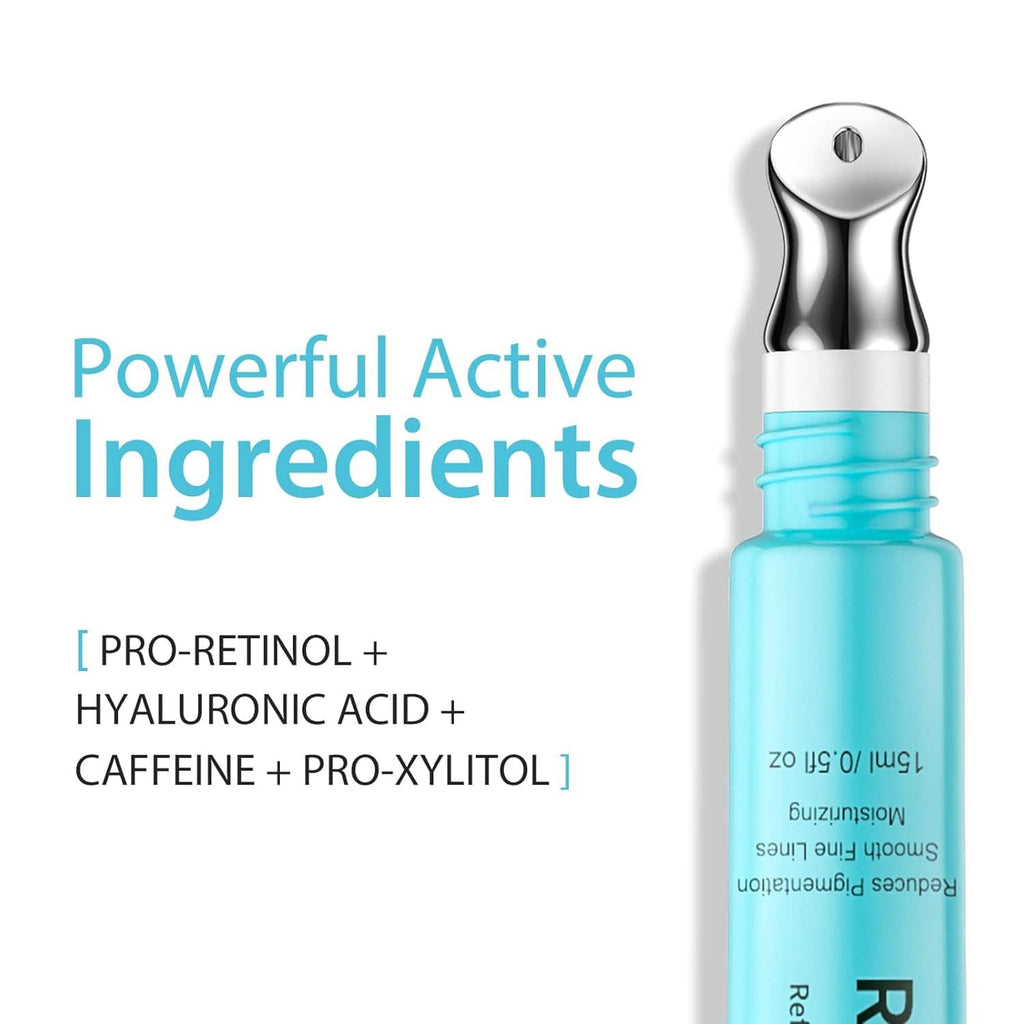 Light blue retinol eye cream pump bottle with silver applicator top