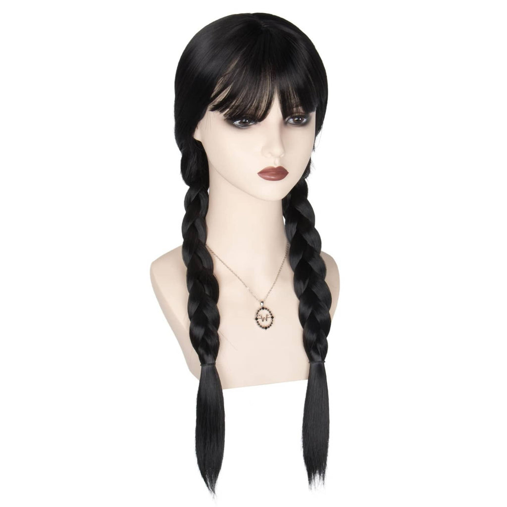 Black long braided wig with bangs, front view