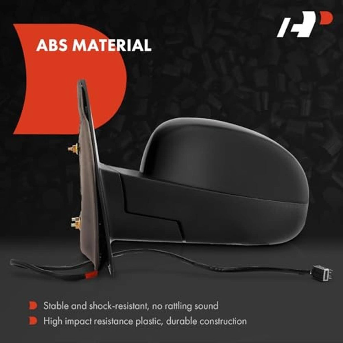Black side mirror housing with ABS construction and included wiring lead