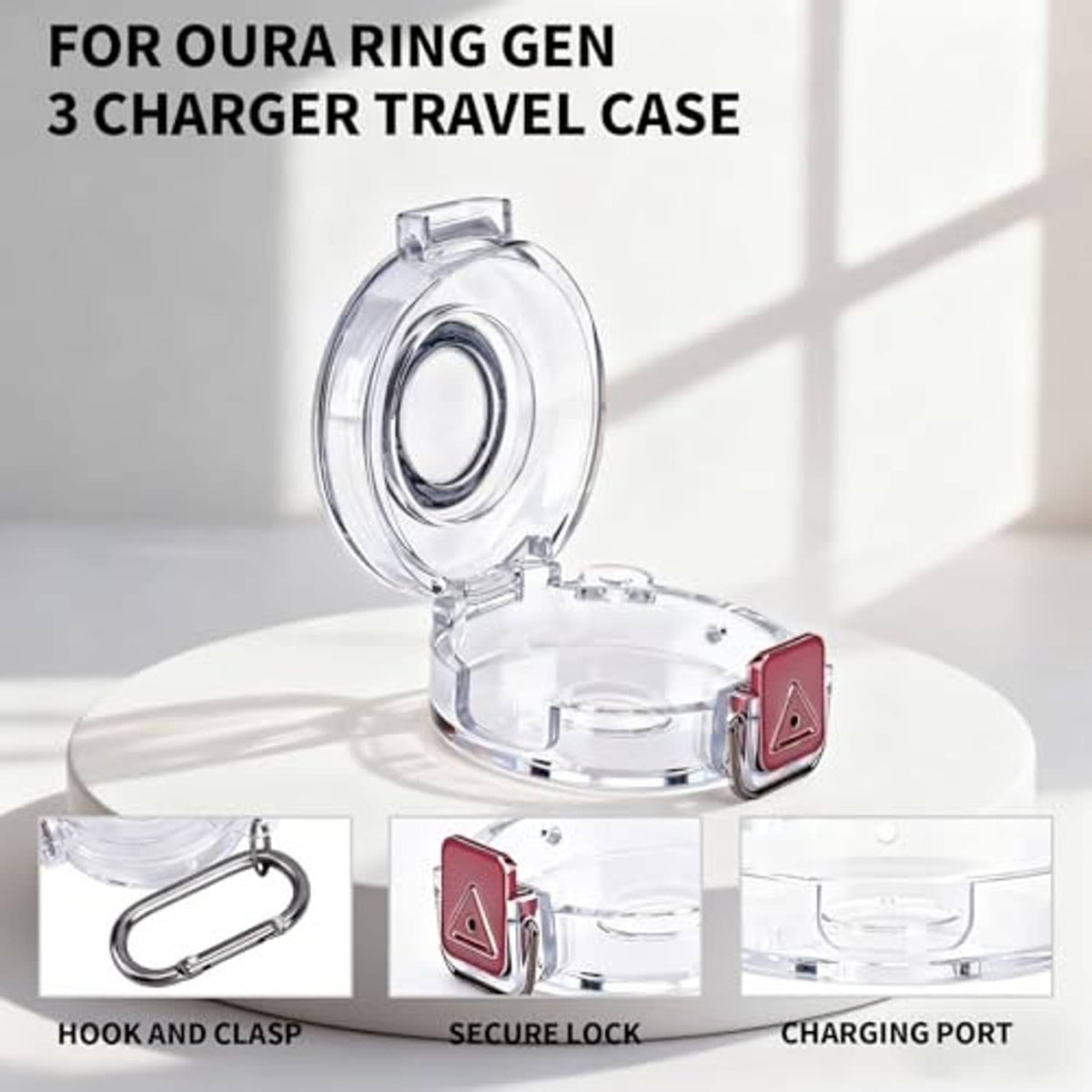 Transparent Oura ring charger travel case with hook-and-clasp secure lock and port