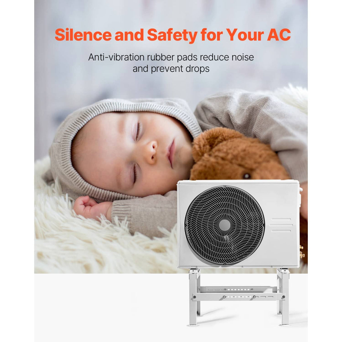 Anti-vibration mini split ground stand with rubber pads under the outdoor unit
