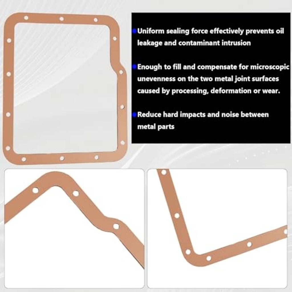 Transmission oil pan gasket design illustration with sealing force and reduced leak notes