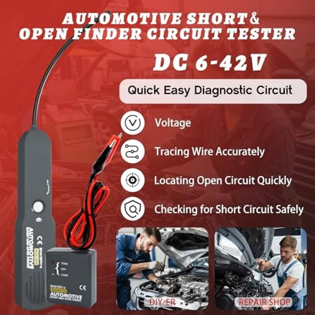 Automotive circuit tester with gray probe, red/black leads, and compact receiver module