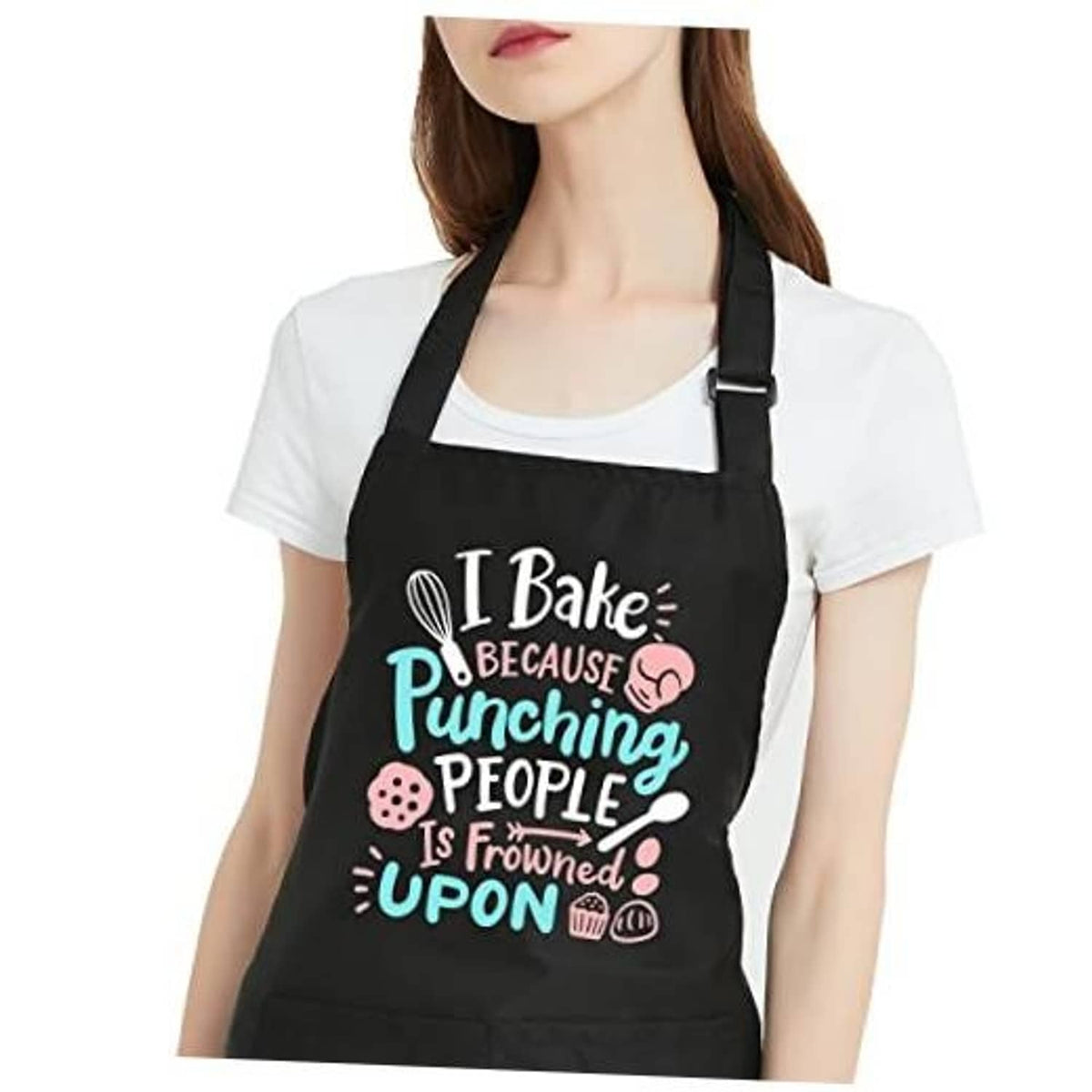 Black women's baking apron with colorful 'I Bake' slogan front bib