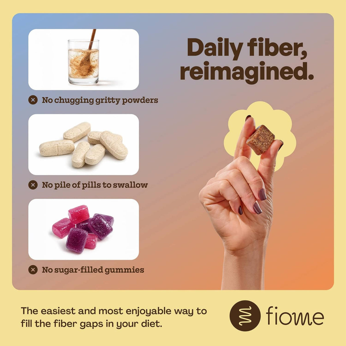 Hand holding a dark chocolate FiberBite beside a fiber benefits graphic