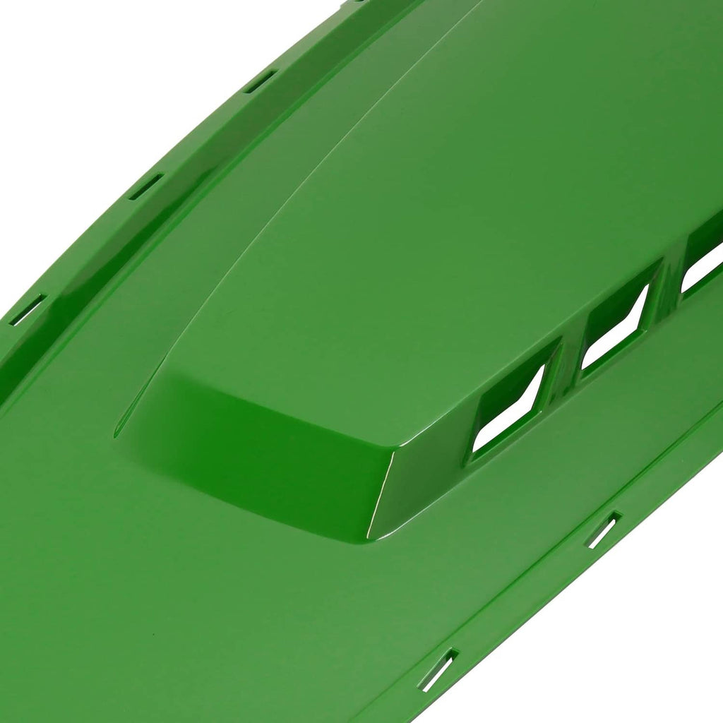Close-up of John Deere green hood panel with center ridge and vent cutouts