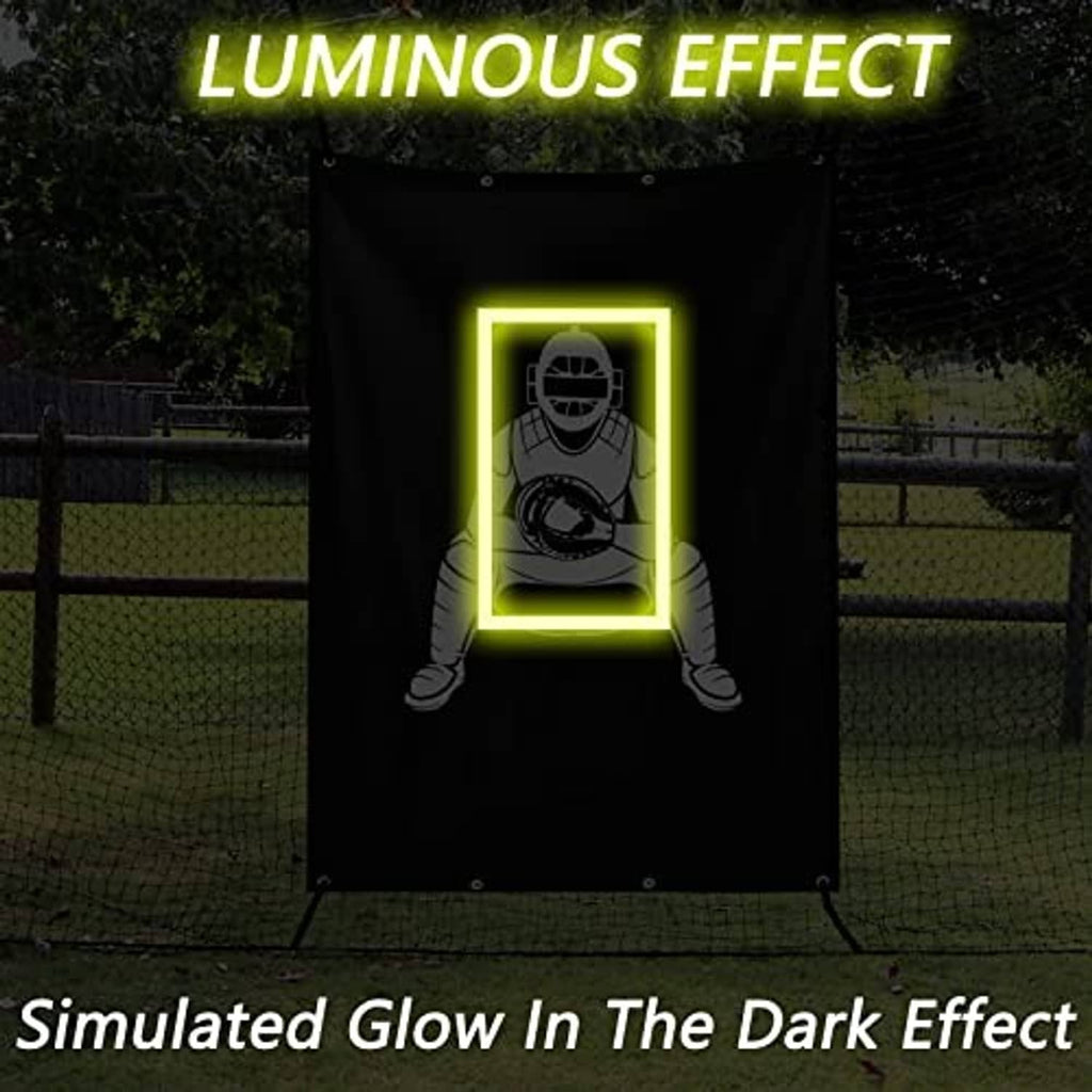 Black baseball target banner with glowing neon catcher strike-zone graphic