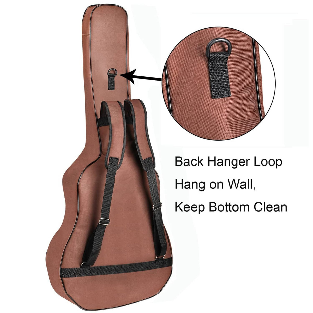 Brown acoustic guitar bag with back hanging loop and front zip accessory pockets.