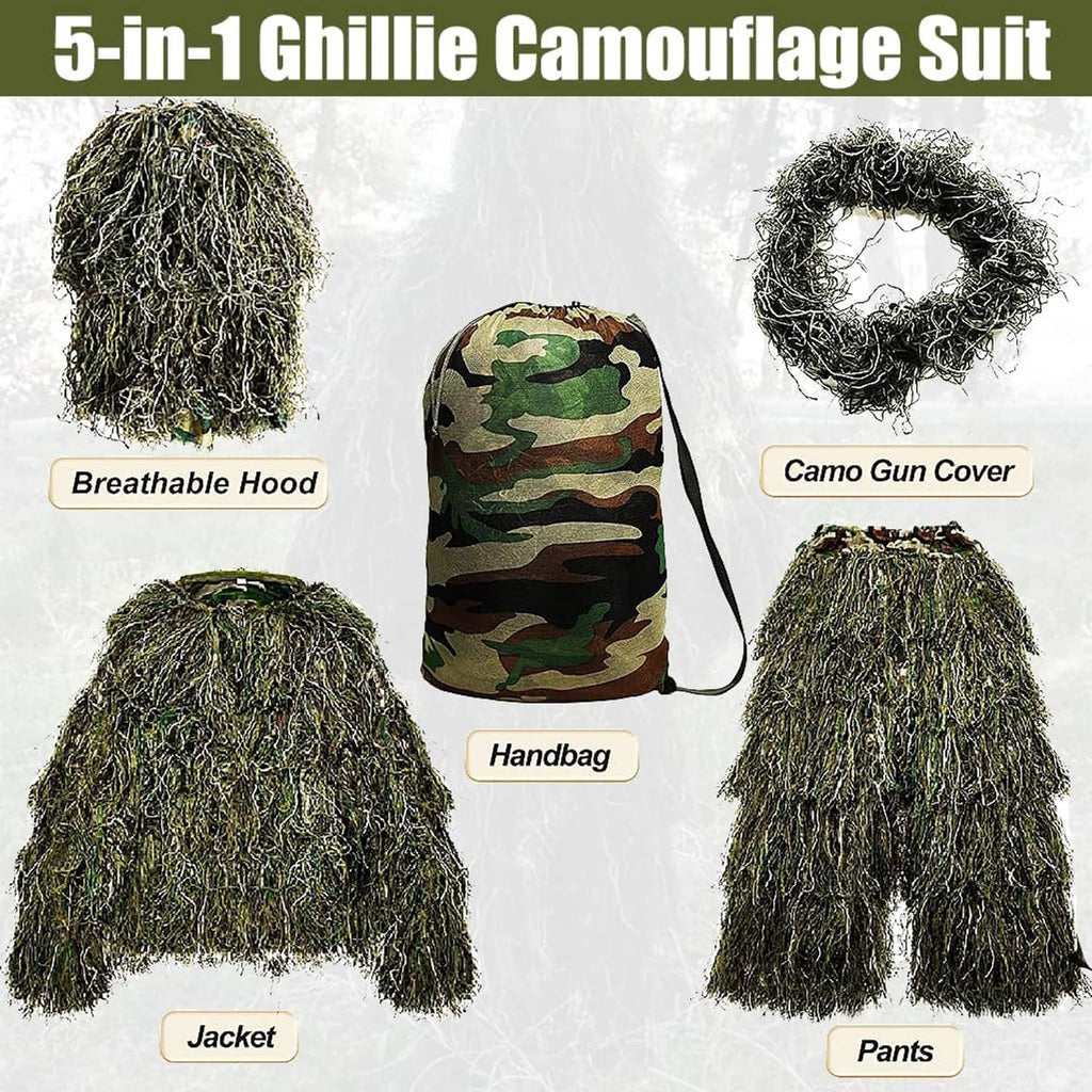 5-in-1 ghillie camouflage suit set: jacket, pants, hood, hand bag, and gun cover.