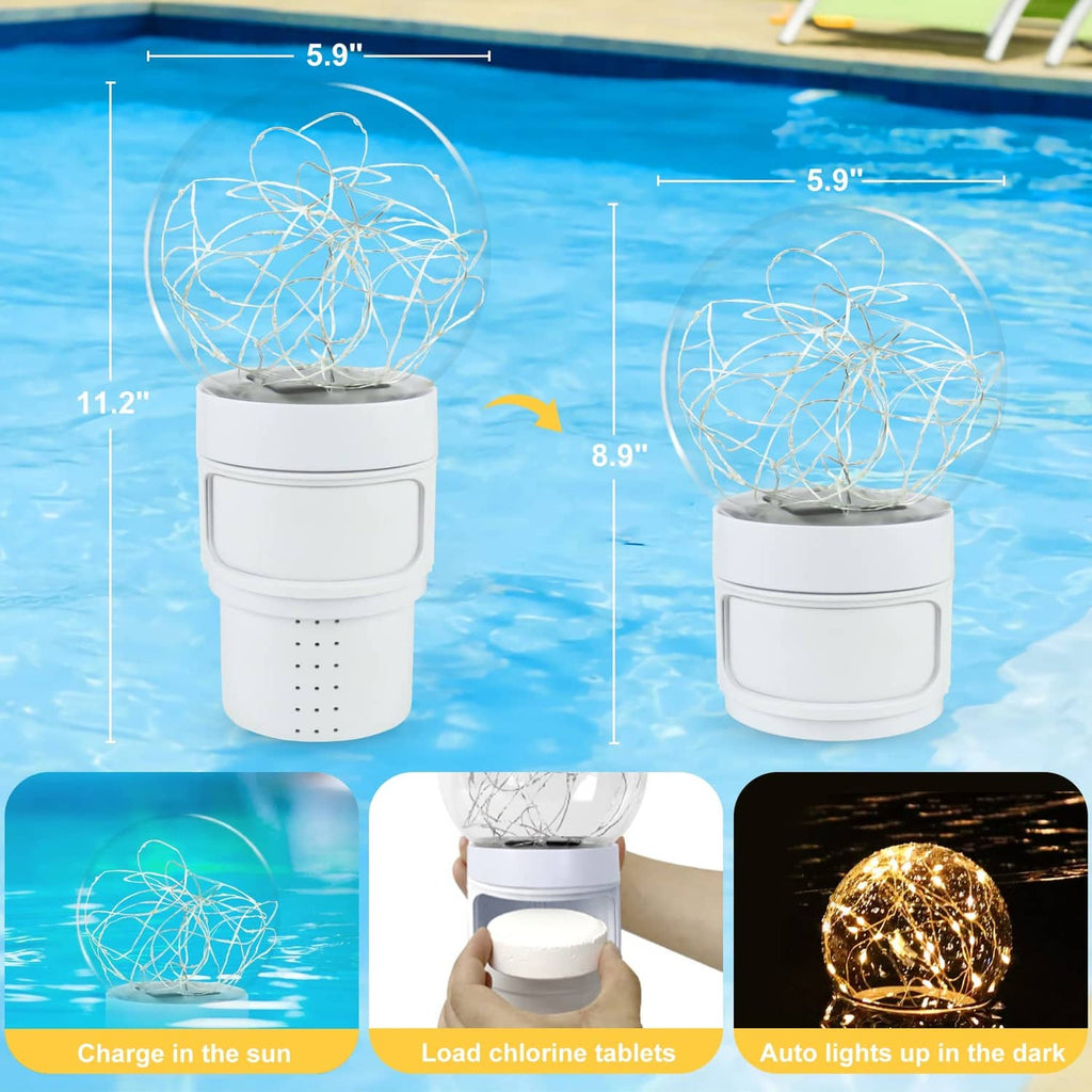 White pool chlorine dispenser floater with solar ball light, shown from front view