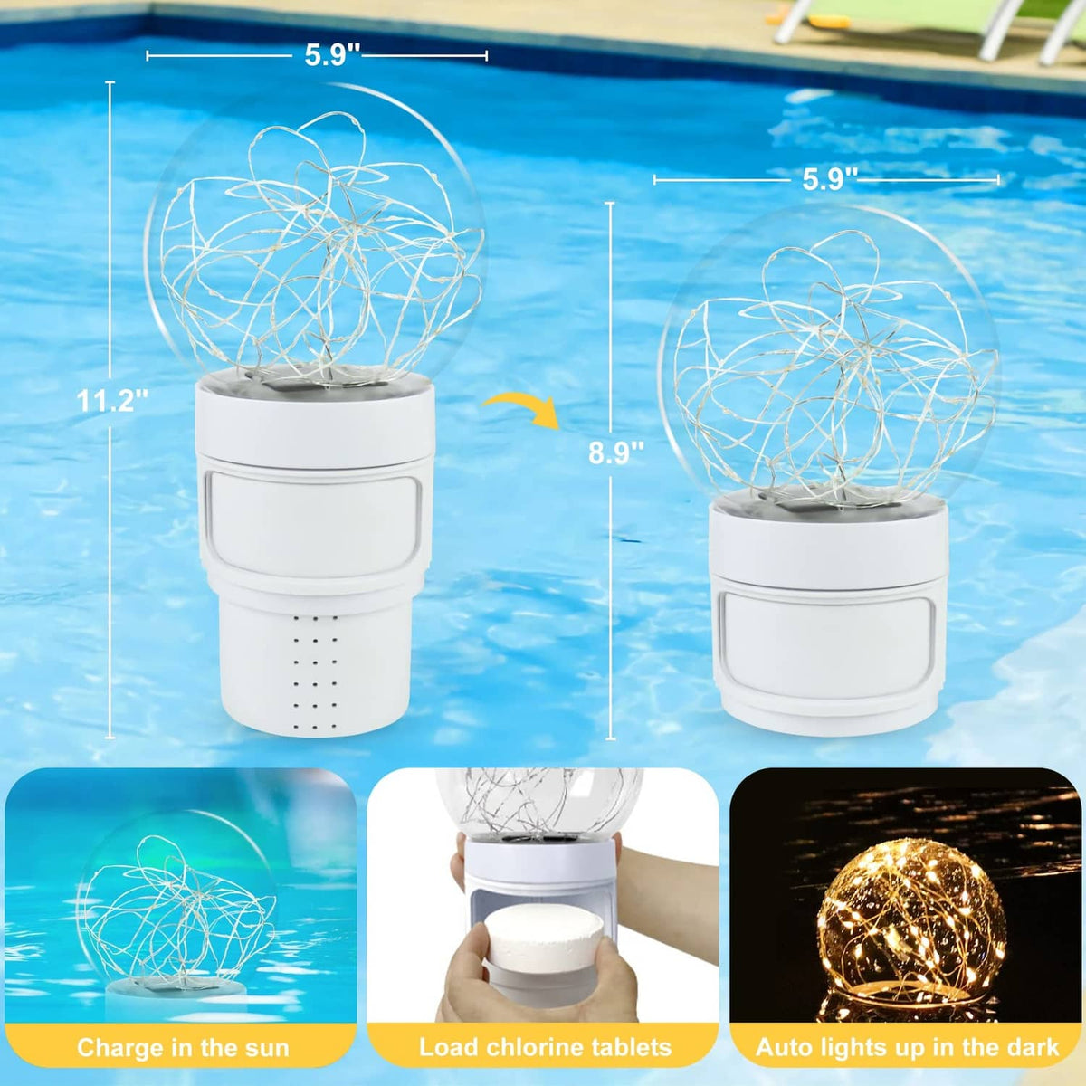 White pool chlorine dispenser floater with solar ball light, shown from front view