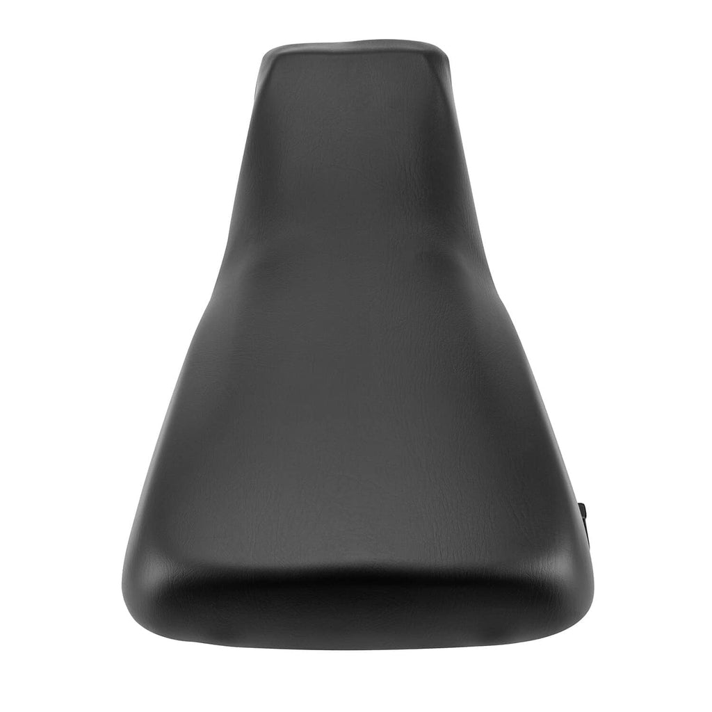 Black ATV complete seat with smooth textured cover, tapered front and raised rear