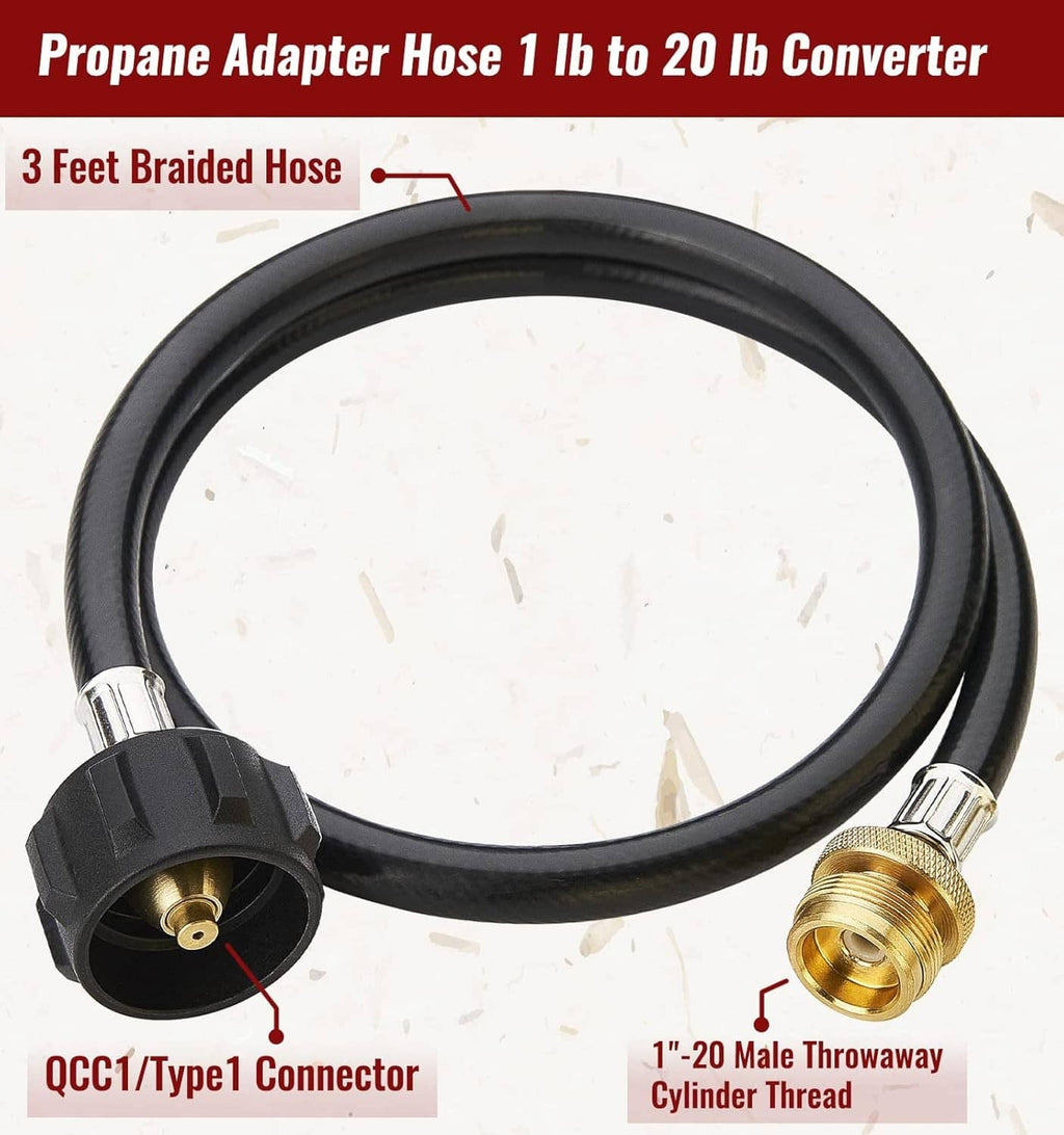 3 ft propane adapter hose, black rubber with QCCT1 Type 1 connector and 1"-20 male thread