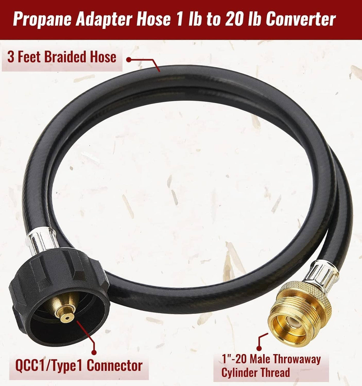 3 ft propane adapter hose, black rubber with QCCT1 Type 1 connector and 1"-20 male thread