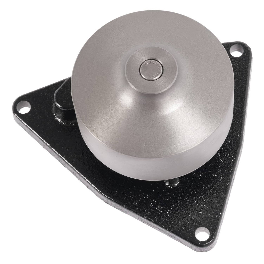 Water pump housing with black mounting plate and silver circular cover, bolt holes