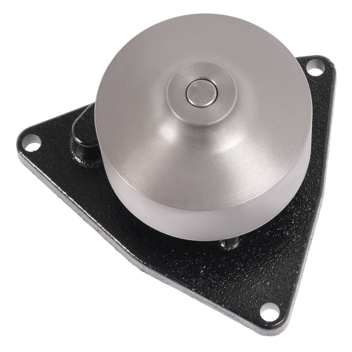 Water pump housing with black mounting plate and silver circular cover, bolt holes