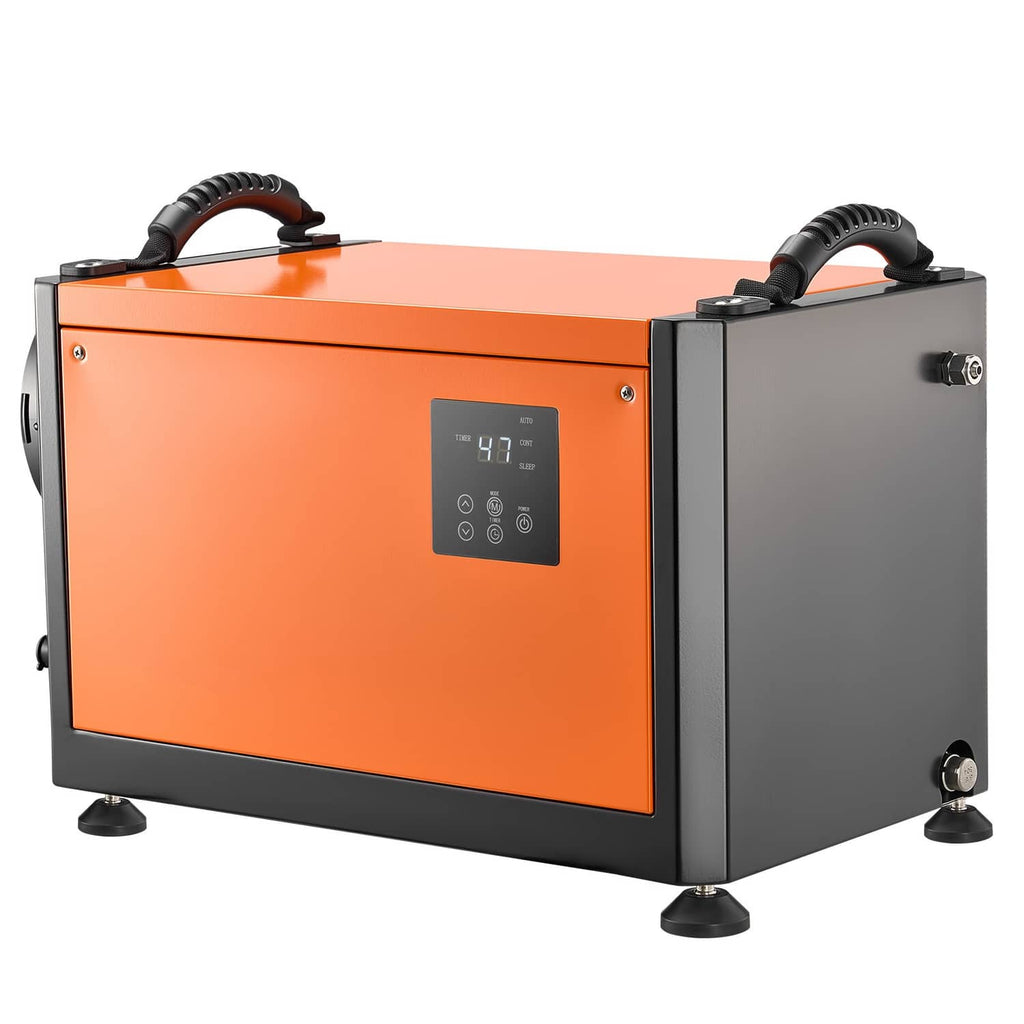 Commercial dehumidifier with orange front, black side panels, and dual top handles