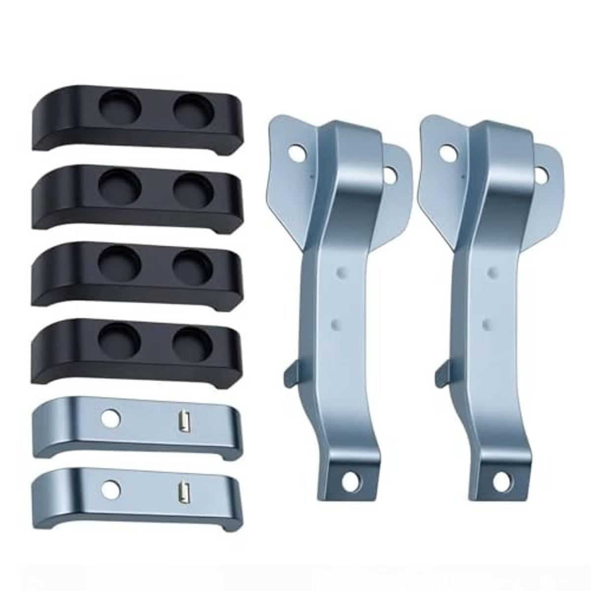 Heavy-duty radiator bracket kit featuring multiple dark brackets and two light blue brackets