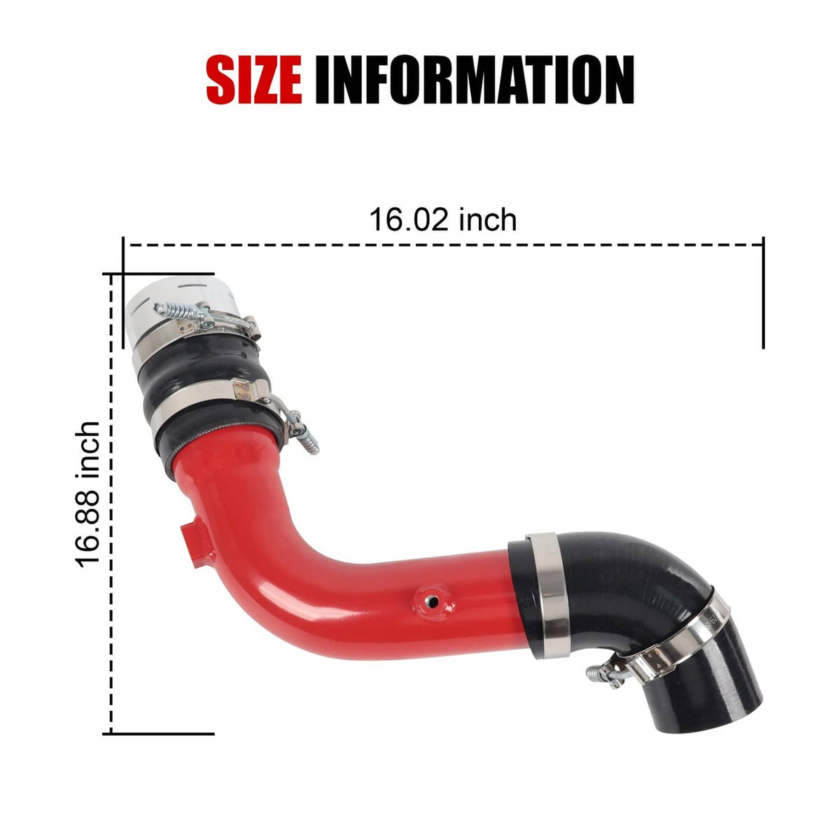 Red and black intercooler hose with clamp fittings, shown with size diagram