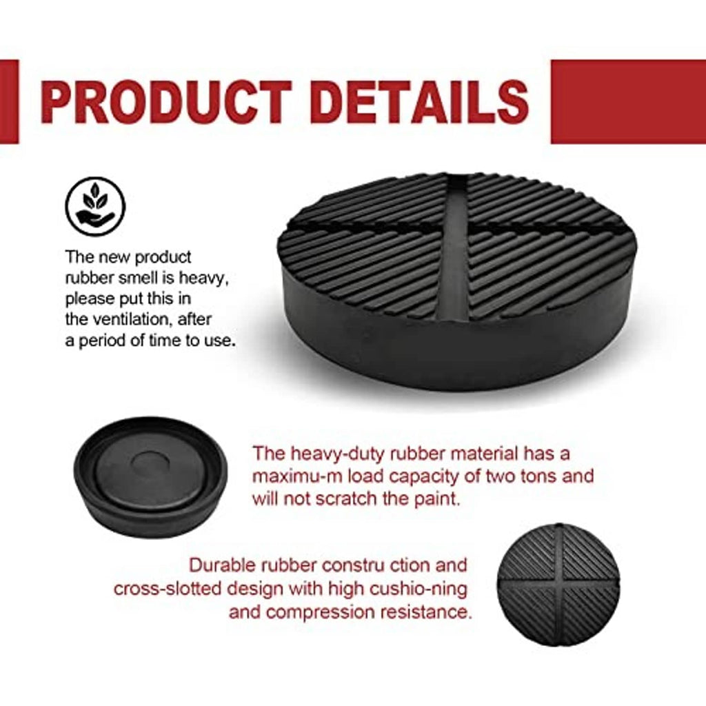 Black rubber floor jack pad with cross-slit tread, shown with close-up details.