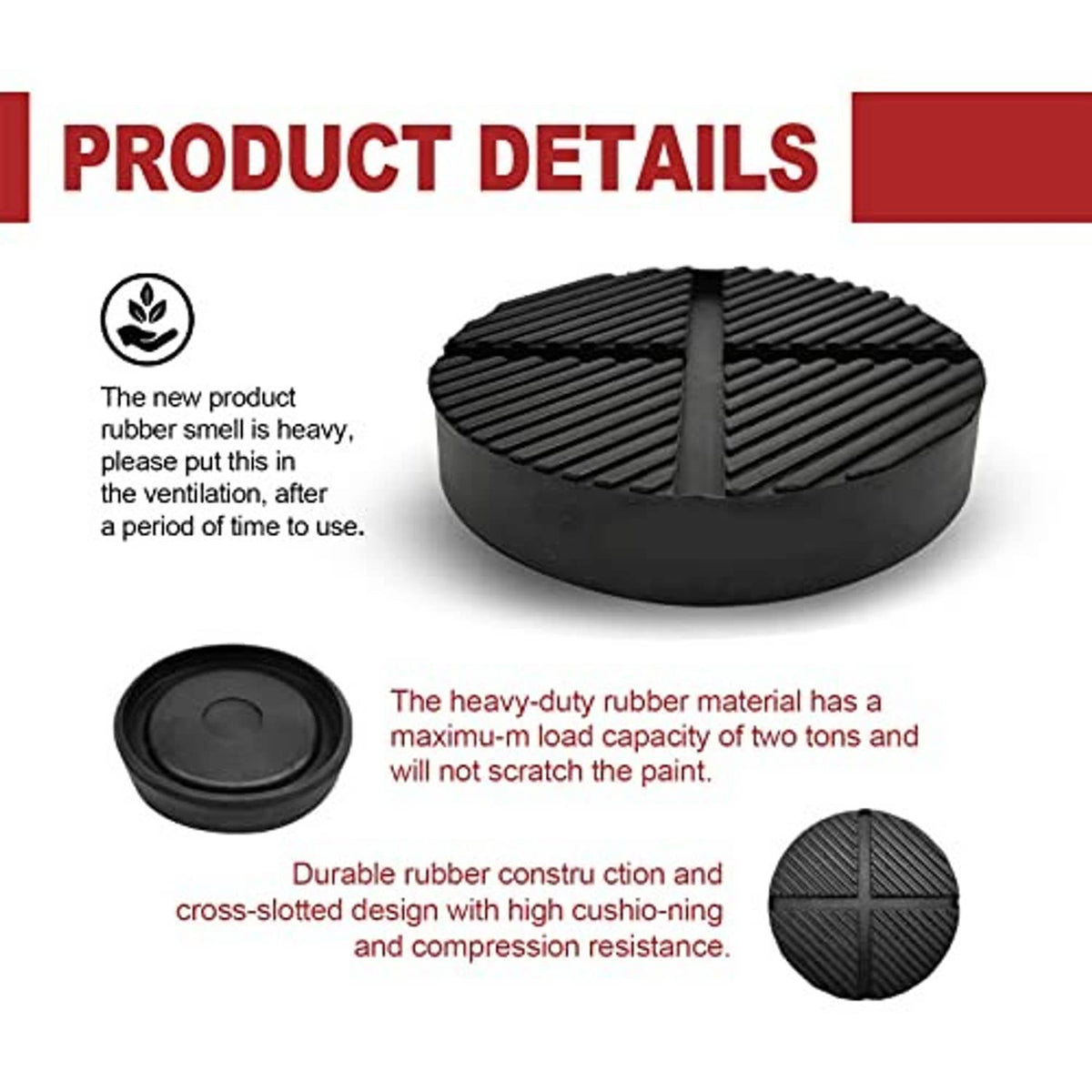 Black rubber floor jack pad with cross-slit tread, shown with close-up details.