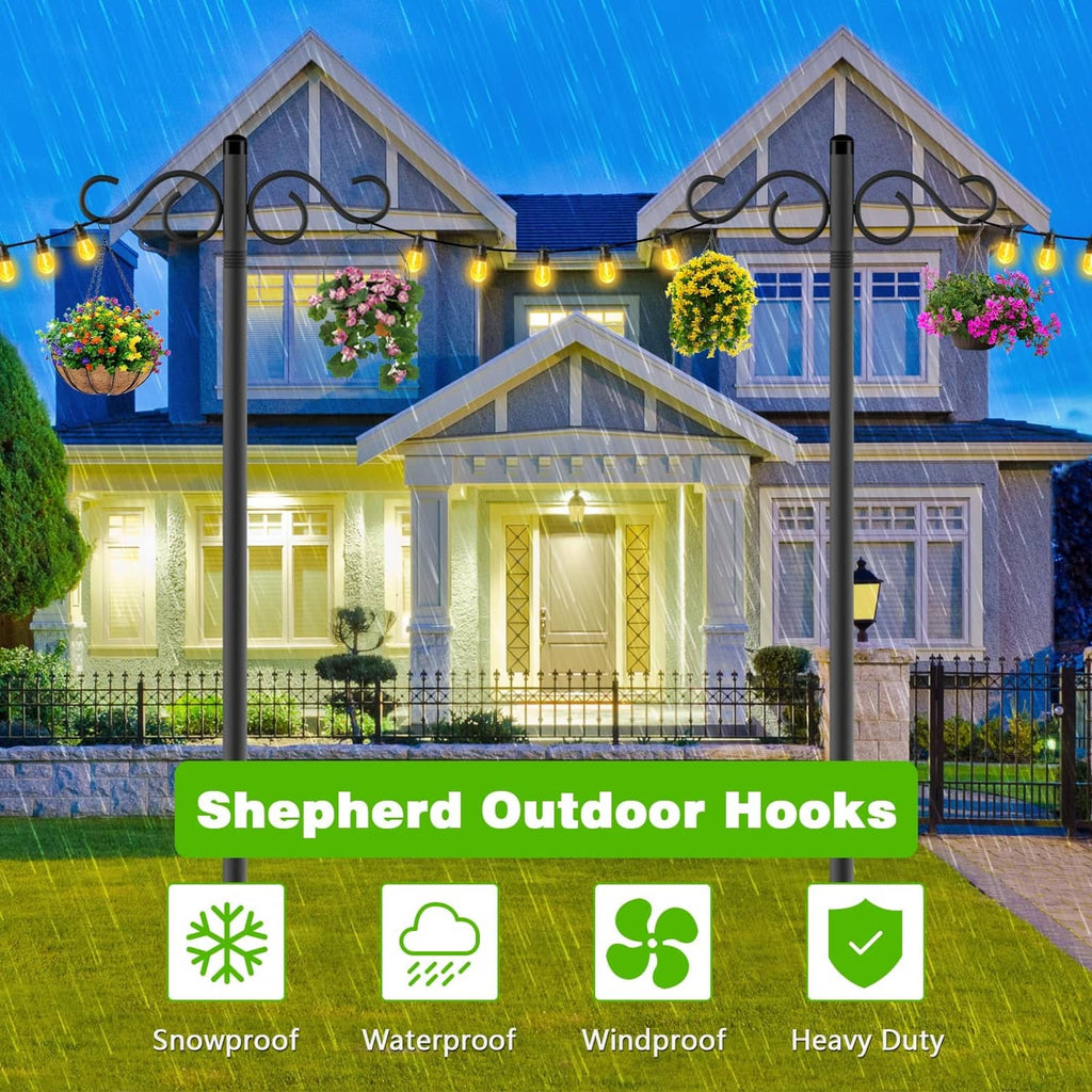 Black outdoor double shepherd hooks for hanging planters and yard decorations