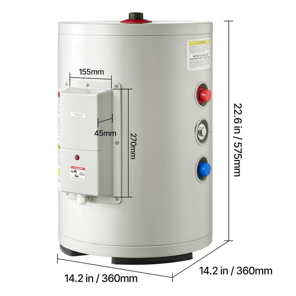 Compact electric water heater with side dimensions, safety valve and inlet connections