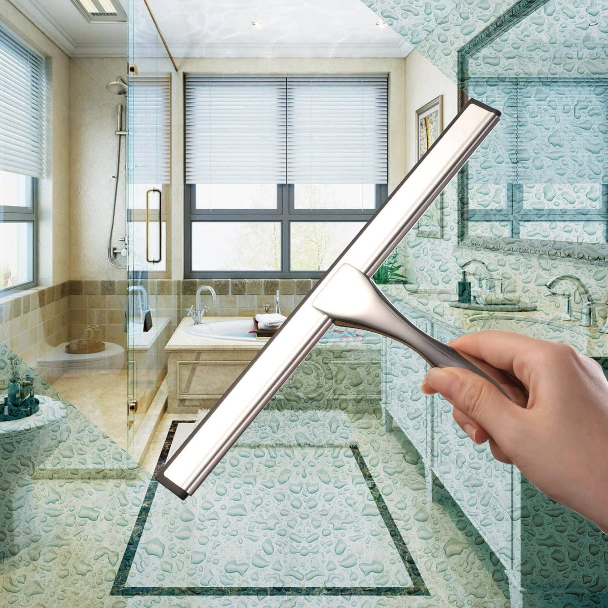Shower glass squeegee with silver frame and black rubber edge, held diagonally