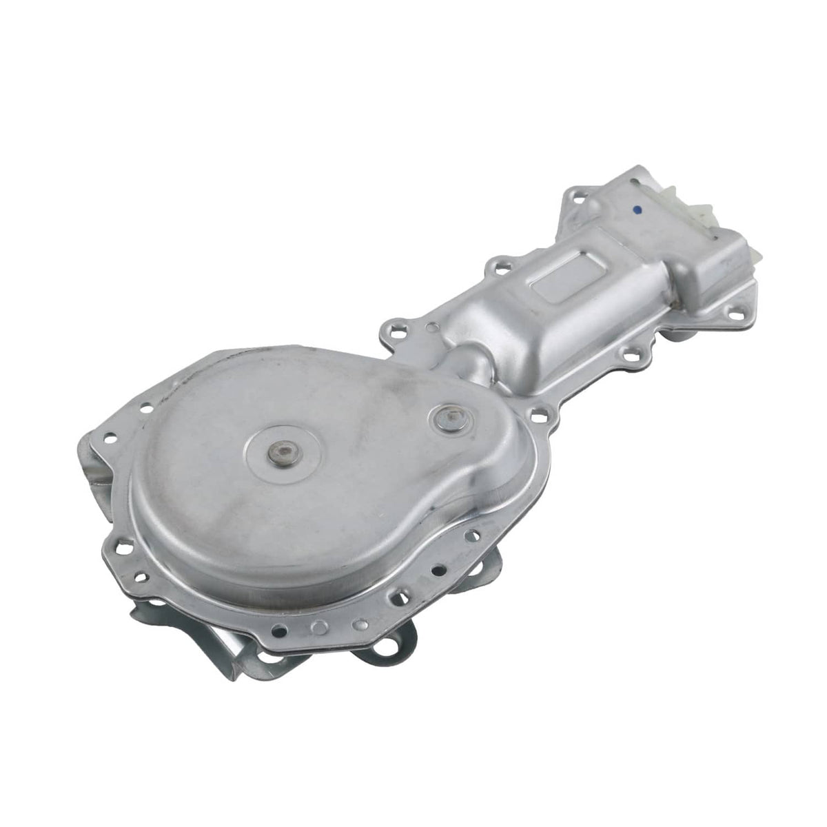 Power window lift motor with round cover and silver metal body, side view