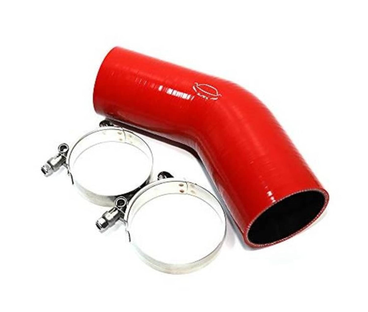 Red 45-degree silicone elbow reducer coupler with two metal hose clamps