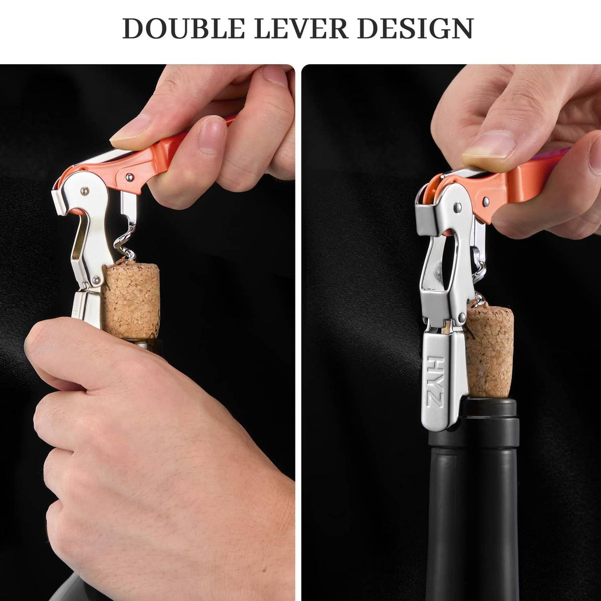 Double-lever waiter corkscrew extracting a cork from a dark wine bottle