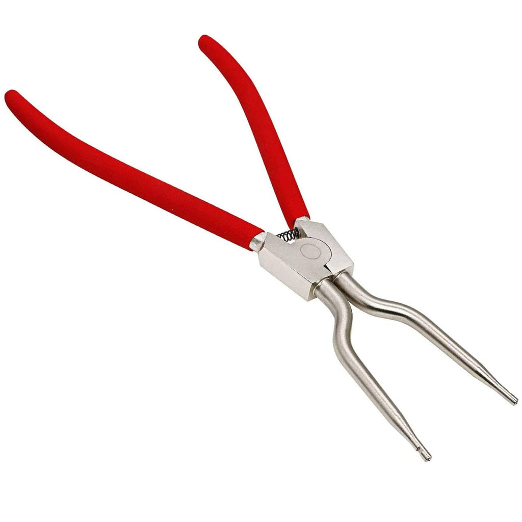 Washer tub spring expansion tool with red non-slip handles and silver forked jaws