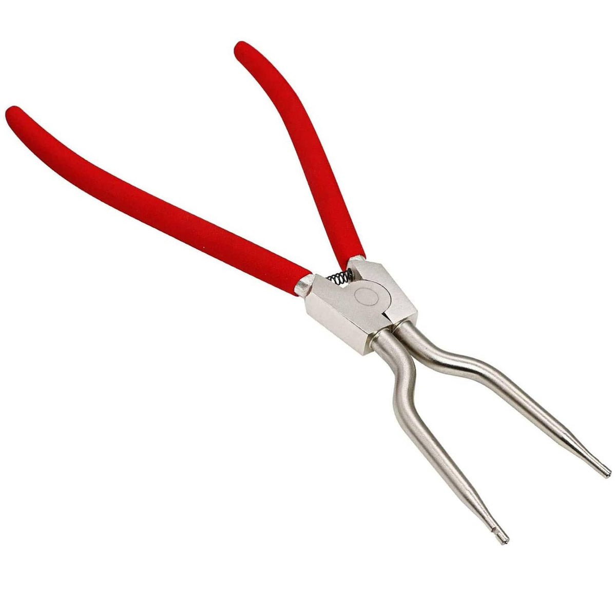 Washer tub spring expansion tool with red non-slip handles and silver forked jaws